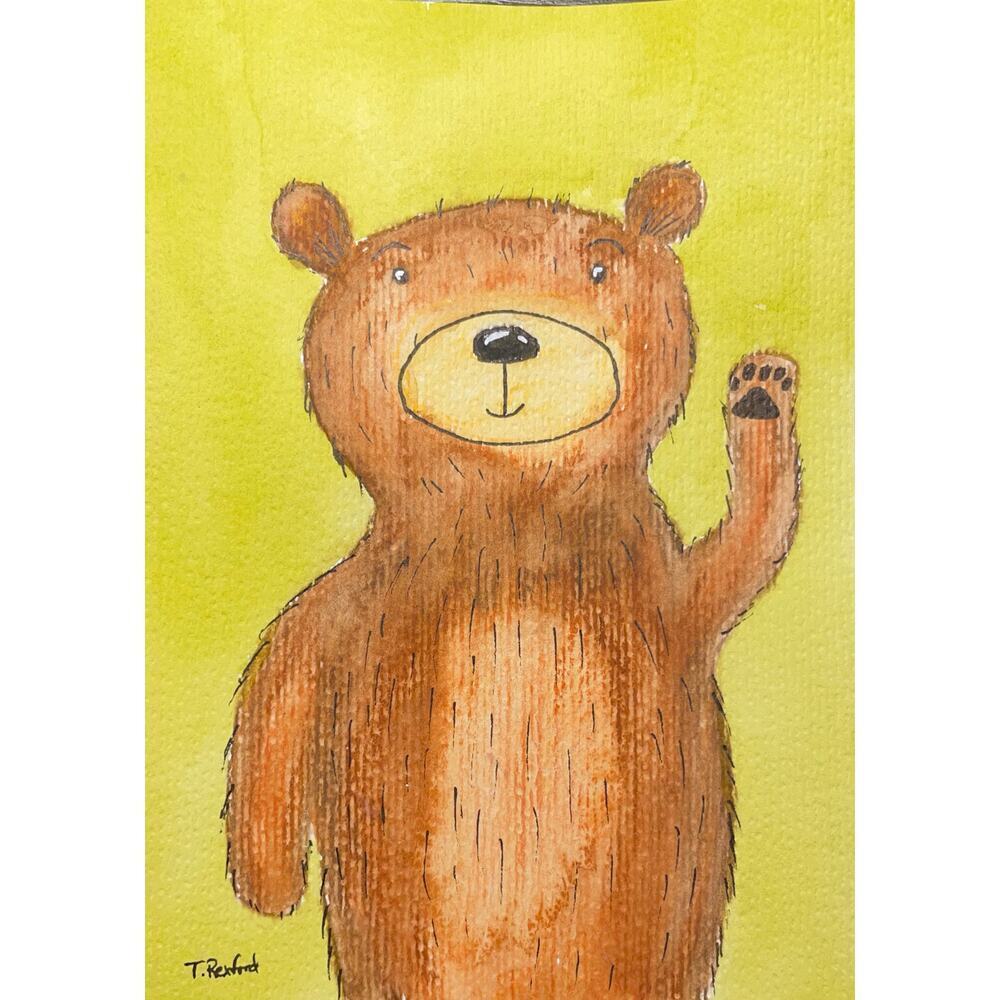 Hand painted watercolor original painting friendly brown bear